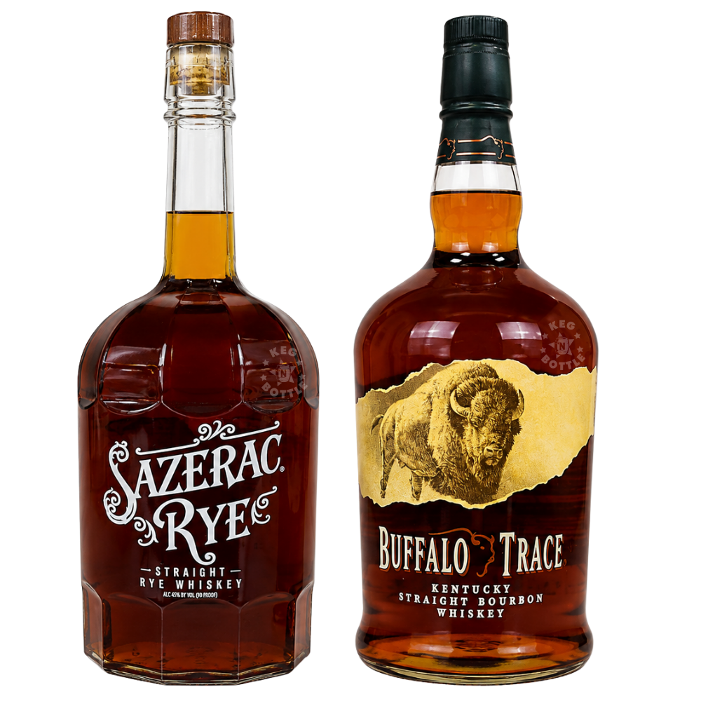 Sazerac Rye and Buffalo Trace Combo featuring one 1.75L bottle of Sazerac Rye Straight Rye Whiskey and one 1.75L bottle of Buffalo Trace Kentucky Straight Bourbon Whiskey.