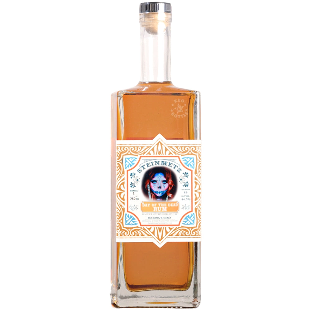 Steinmetz 89 Proof Day of the Dead Rum 750mL bottle with decorative orange label and amber liquid