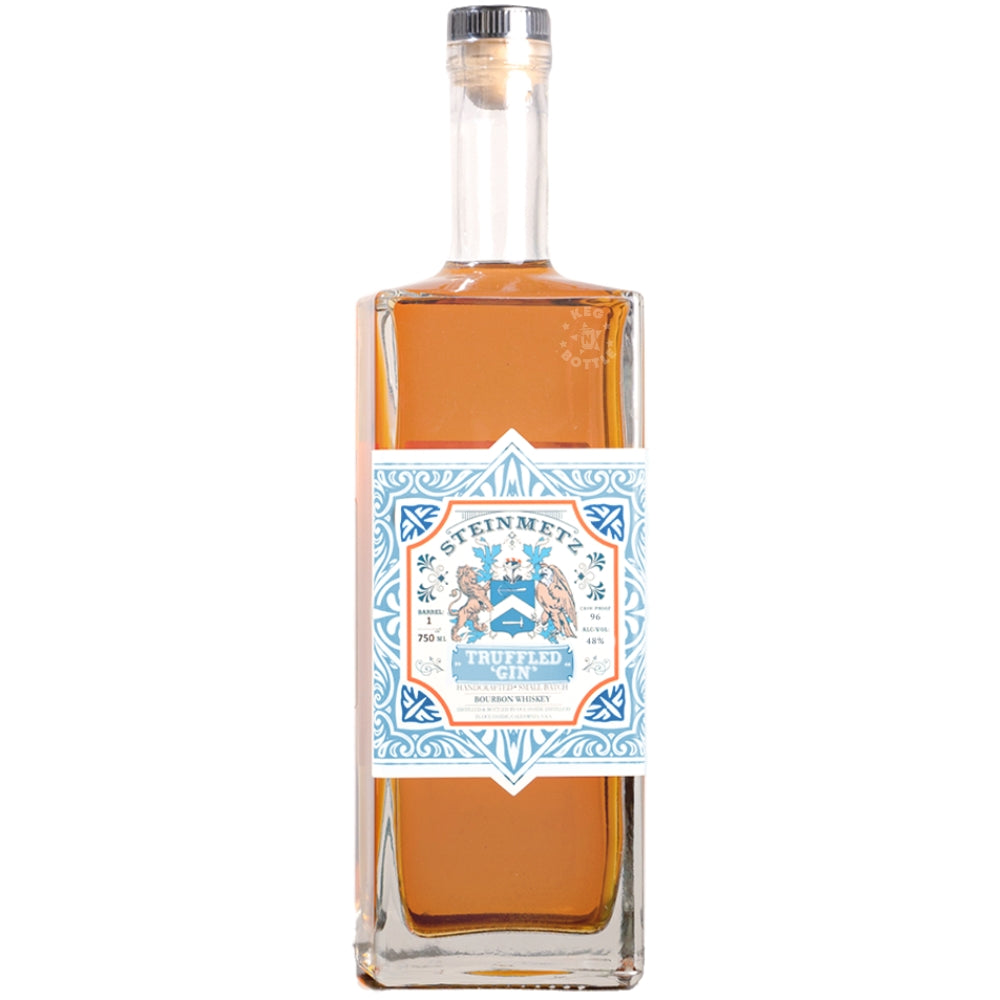 Steinmetz 96 Proof Truffled Gin 750mL bottle with blue and white label and amber liquid