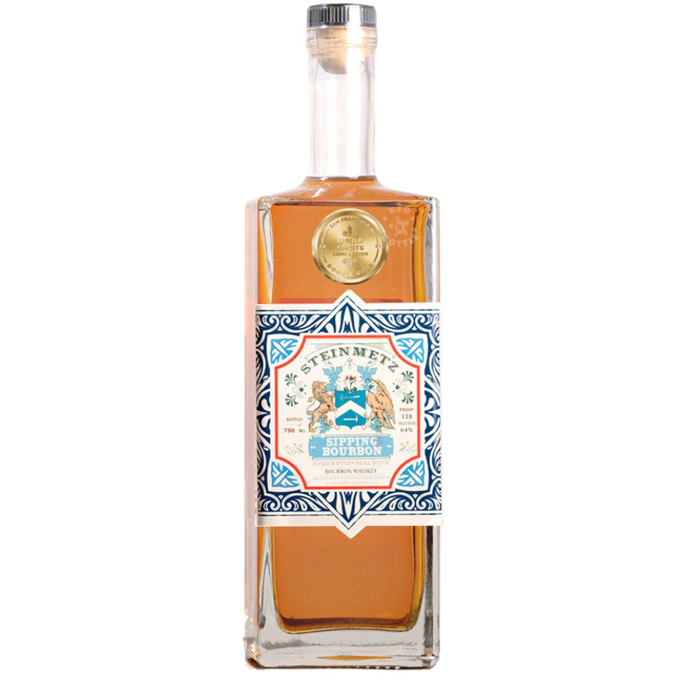 Steinmetz Cask Strength Sipping Bourbon Whiskey 750mL bottle with blue and white label and gold medal seal