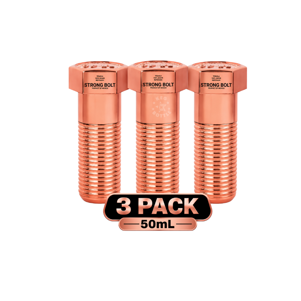 Strong Bolt Tequila Reposado M82 Mini 3-Pack featuring three 50mL copper-toned bolt-shaped bottles of 100% agave Reposado Tequila.