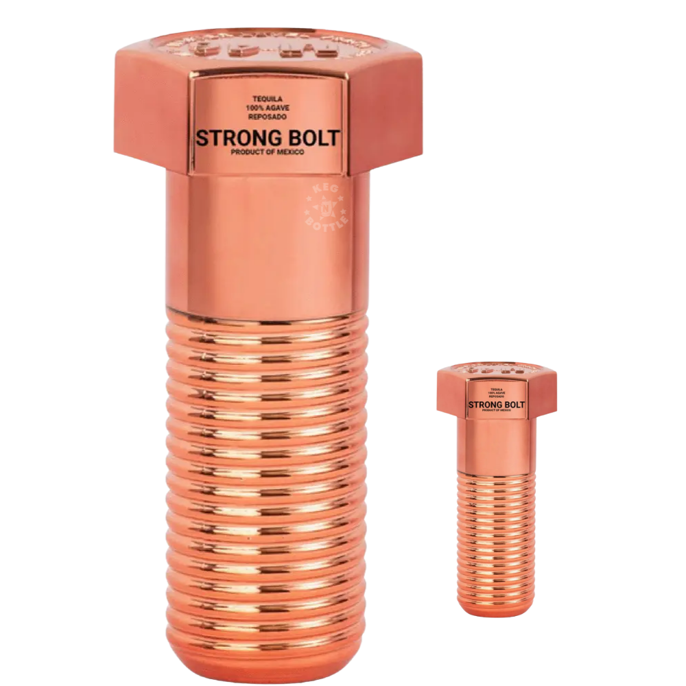 Strong Bolt Tequila Reposado M82 combo pack featuring one 700mL bottle and one 50mL miniature bottle in matching copper-toned bolt-inspired designs.