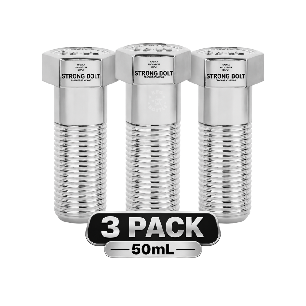 Strong Bolt Tequila Silver M82 3-pack featuring three 50mL miniature bottles of 100% agave Silver Tequila.