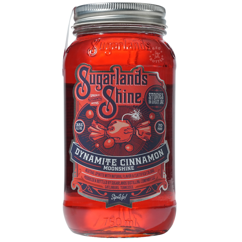 Sugarlands Shine Dynamite Cinnamon Moonshine 750mL mason-style jar with red cinnamon flavored moonshine.