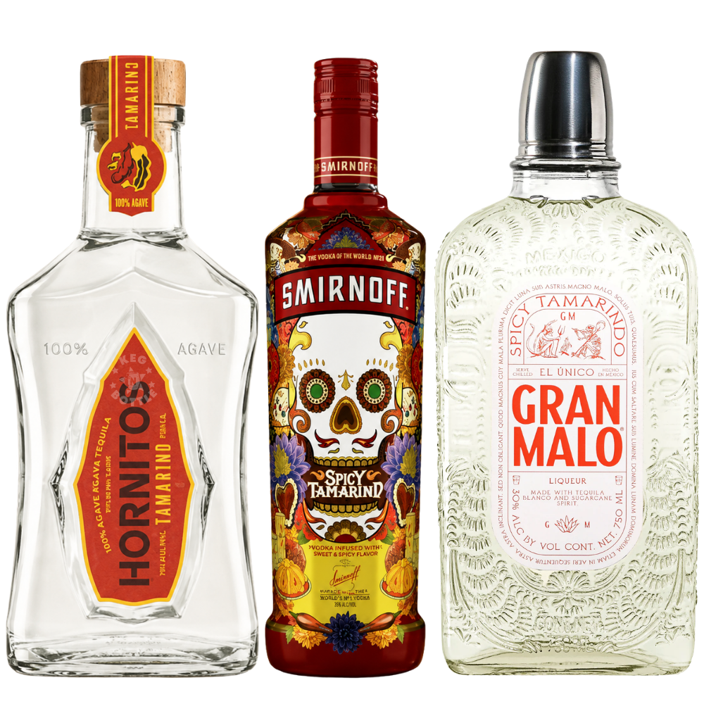 Tamarind Spirits Collection Bundle featuring Hornitos Tamarind Tequila, Smirnoff Spicy Tamarind Vodka, and Gran Malo Spicy Tamarindo Tequila Liqueur (3 x 750mL).