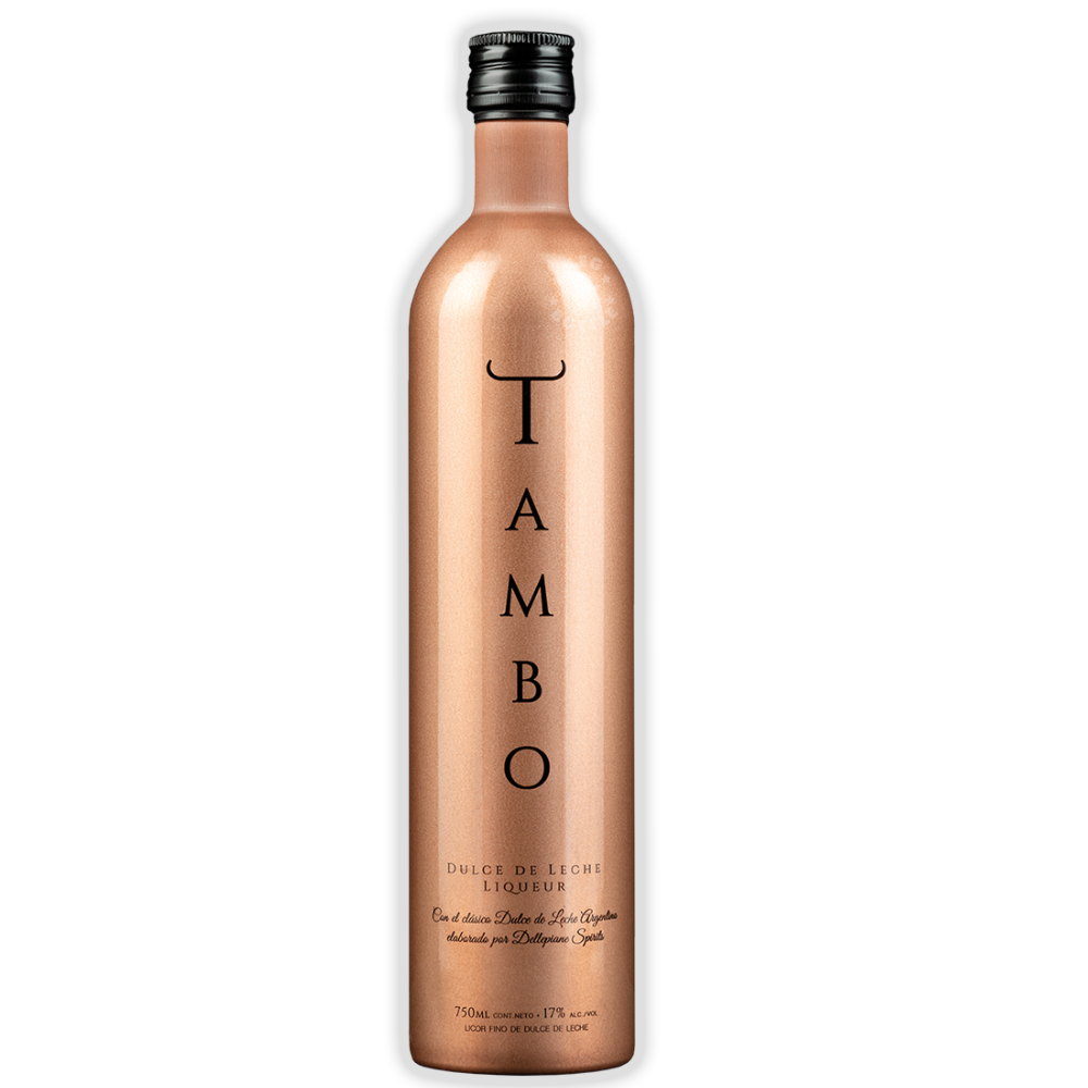 Tambo Dulce de Leche Liqueur 750mL in distinctive metallic copper-colored bottle | Keg N Bottle.