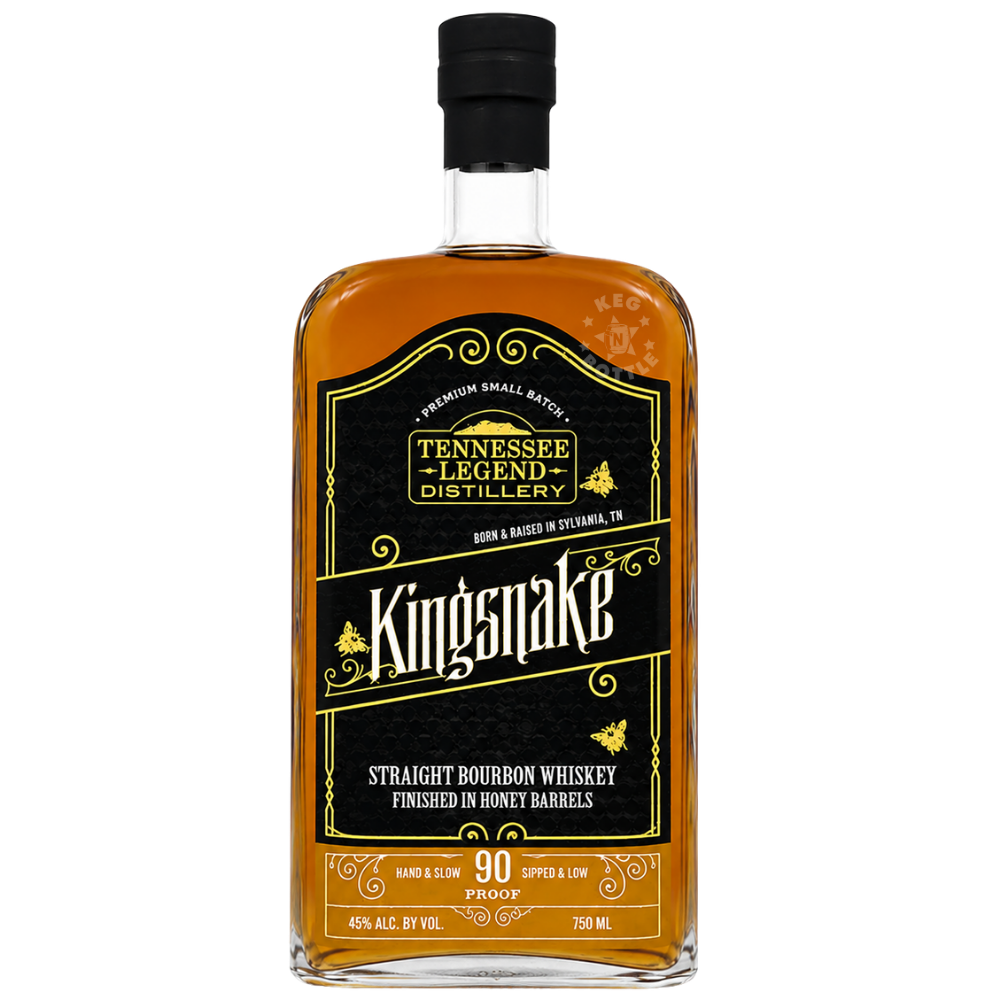 Tennessee Legend Kingsnake Honey Cask Whiskey 750mL bottle, a 90-proof straight bourbon whiskey finished in honey barrels.