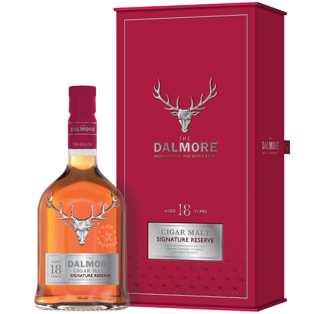 The Dalmore 18 Year Cigar Malt Signature Reserve Highland Single Malt Scotch Whisky 750mL bottle featuring the iconic silver stag emblem and luxurious burgundy-red presentation box.