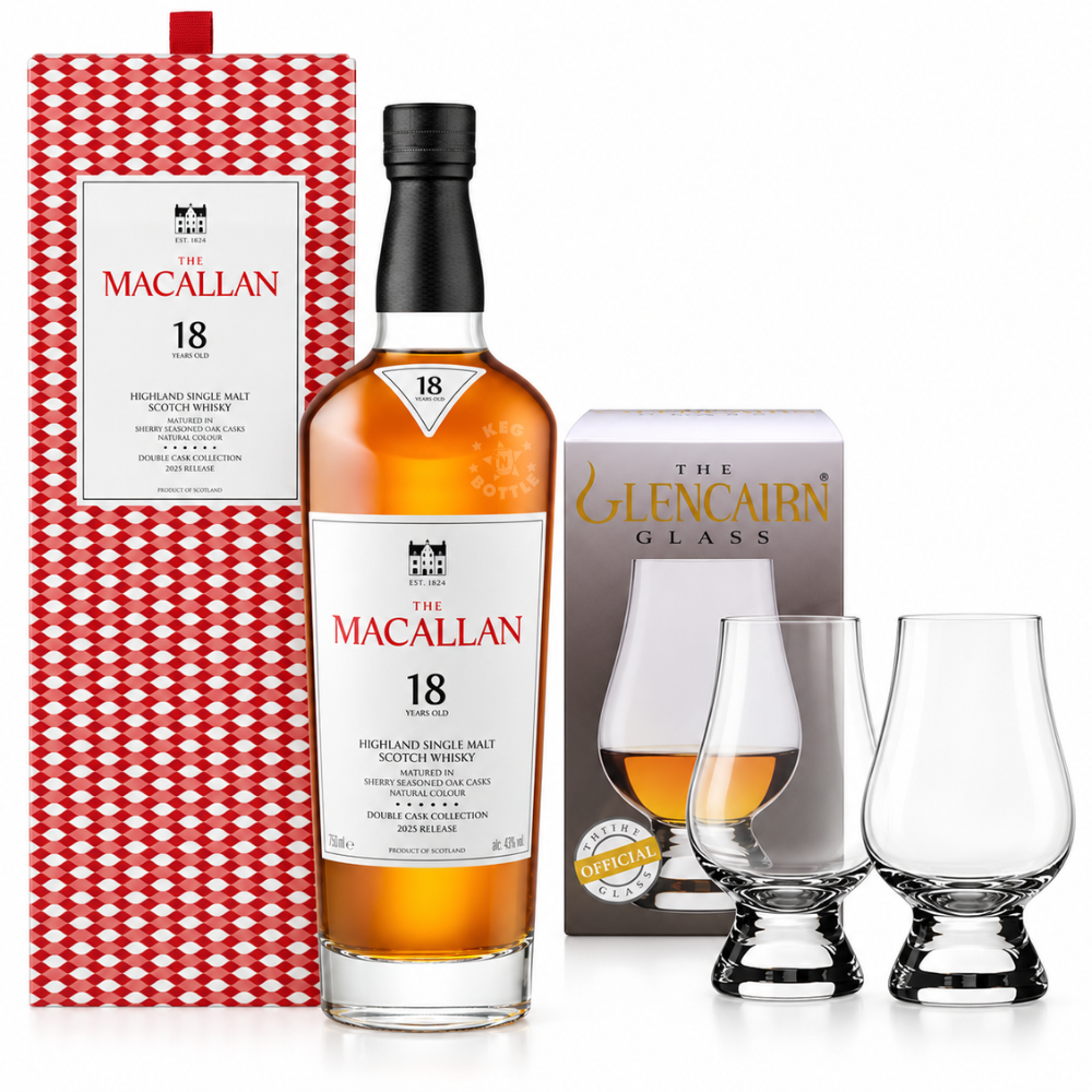 The Macallan 18 Year Double Cask Highland Single Malt Scotch Whisky 750mL bottle with original presentation box and two Glencairn whisky tasting glasses. 2