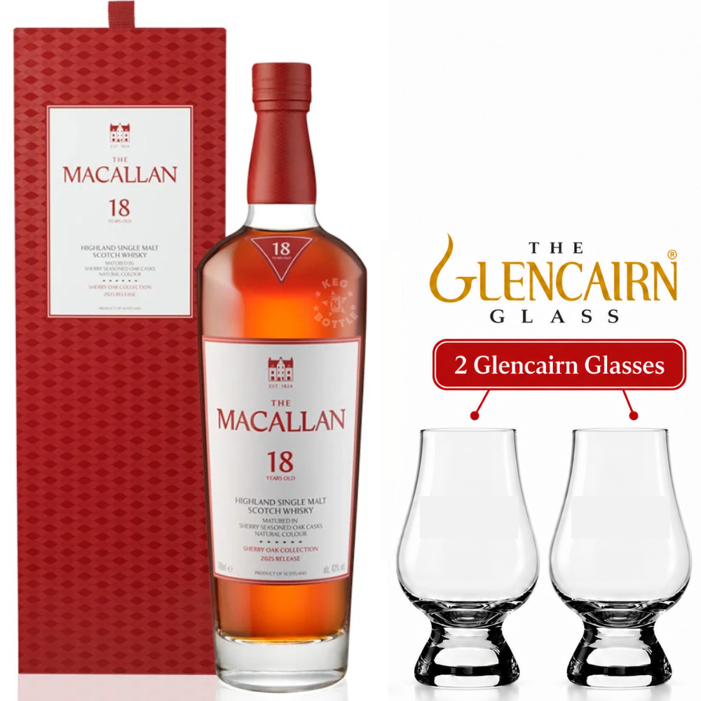 The Macallan 18 Year Sherry Oak Single Malt Scotch Whisky 750mL bottle with original red presentation box, paired with two official Glencairn whisky tasting glasses. 2