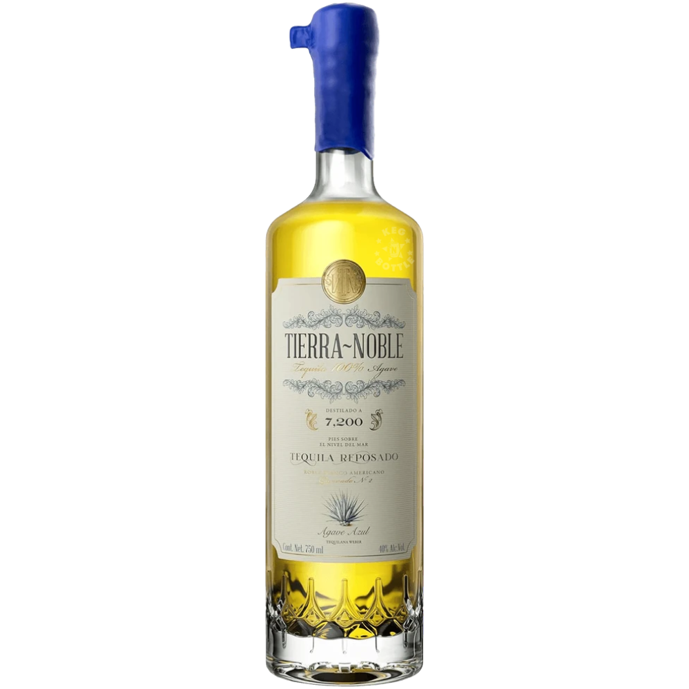Tierra Noble Reposado Tequila 750mL bottle rested in American White Oak casks with a bright golden color.