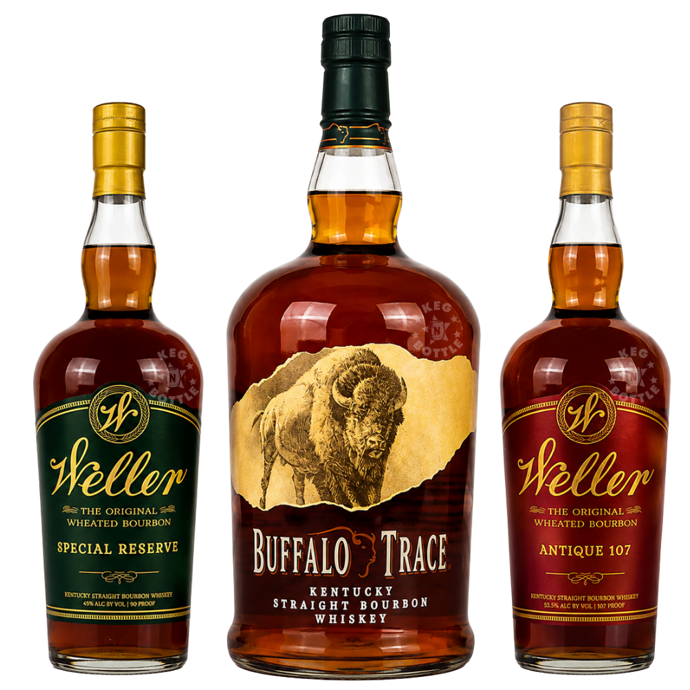 Trace with a Chase of Weller Bundle featuring Weller Special Reserve 1L, Weller Antique 107 1L, and Buffalo Trace Kentucky Straight Bourbon Whiskey 1.75L.