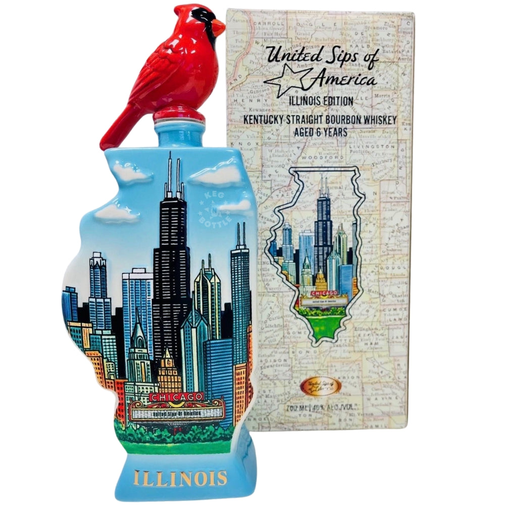 United Sips of America Illinois Edition Kentucky Straight Bourbon Whiskey 6 Year ceramic bottle with Chicago skyline and cardinal topper