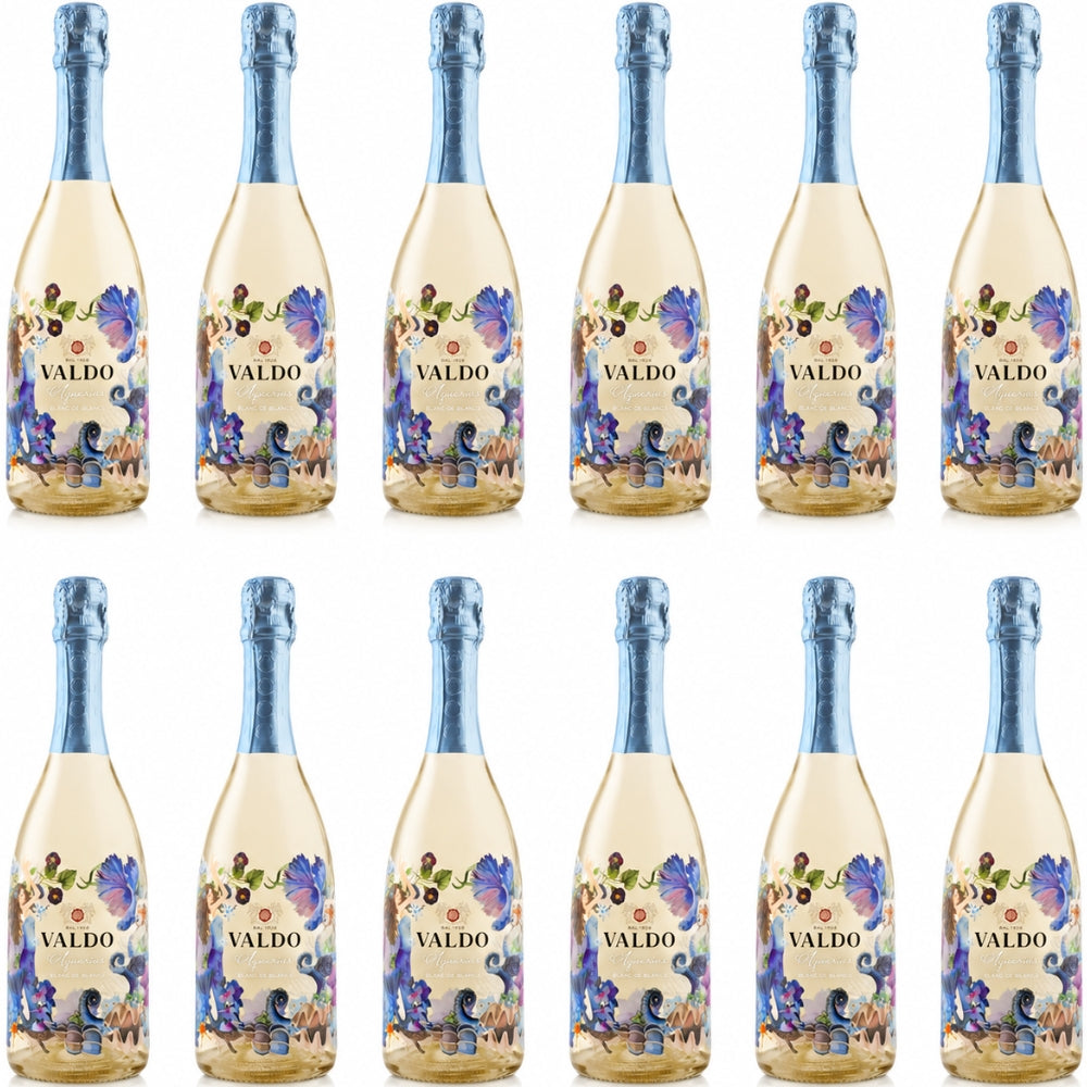 Valdo Aquarius Blanc de Blancs Extra Dry Italian sparkling wine 750mL bottle with decorative floral design.  12 Pack