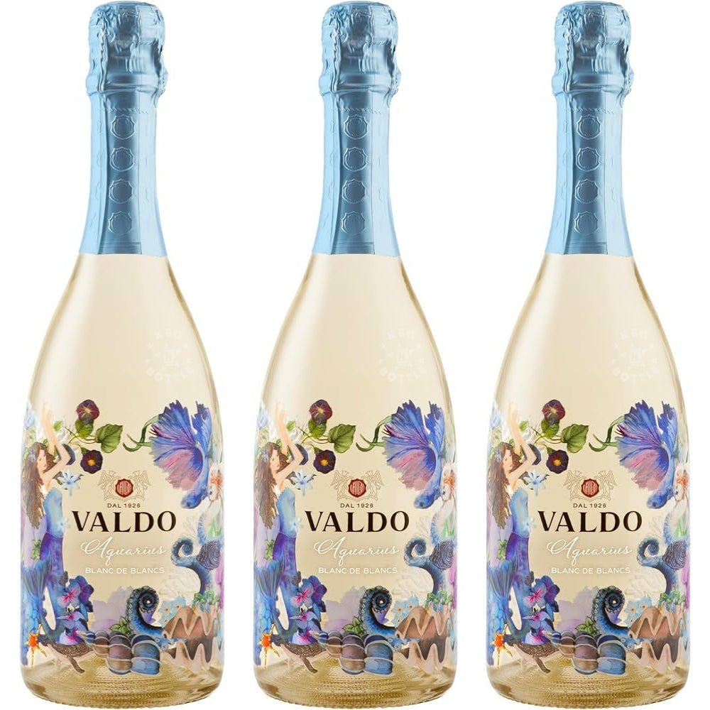 Valdo Aquarius Blanc de Blancs Extra Dry Italian sparkling wine 750mL bottle with decorative floral design. 3 Pack
