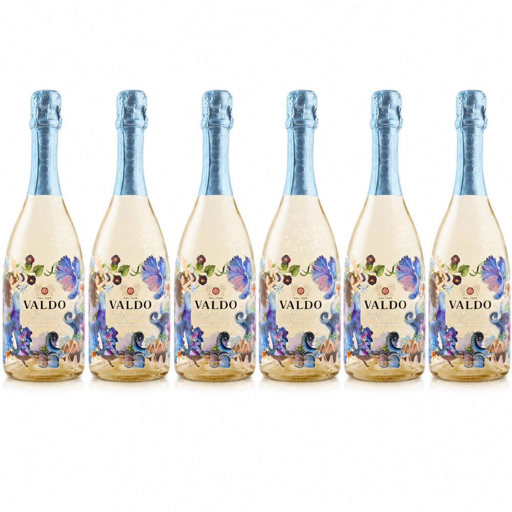 Valdo Aquarius Blanc de Blancs Extra Dry Italian sparkling wine 750mL bottle with decorative floral design. 6 Pack