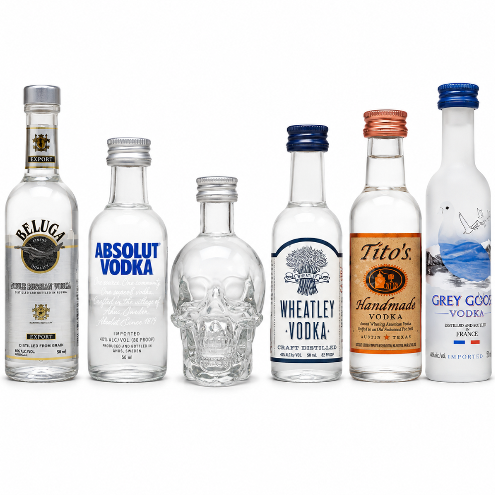 Vodka Travel Pack featuring six 50mL miniature bottles including Beluga Noble Vodka, Absolut Vodka, Crystal Head Vodka, Wheatley Vodka, Tito's Handmade Vodka, and Grey Goose Vodka.