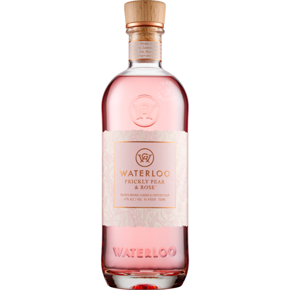 Waterloo Prickly Pear & Rose Gin 750mL small batch Texas gin infused with prickly pear, rose petals, hibiscus, and signature botanicals.