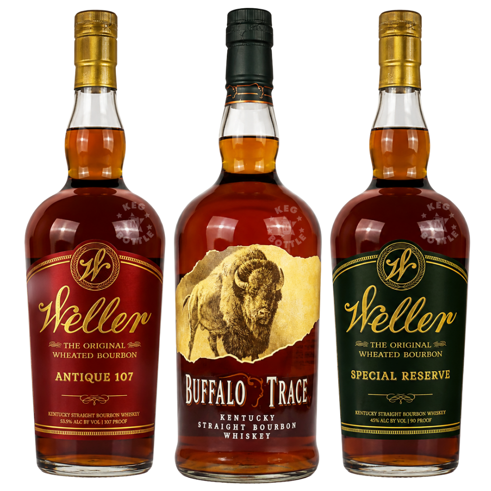Weller Trace 1L Combo featuring Weller Antique 107, Buffalo Trace Kentucky Straight Bourbon Whiskey, and Weller Special Reserve in three 1L bottles.