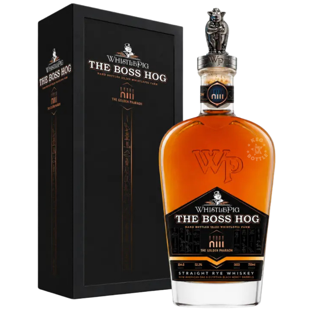 WhistlePig The Boss Hog XIII The Golden Pharaoh Straight Rye Whiskey 750mL bottle with premium collector gift box and pewter Pharaoh topper.