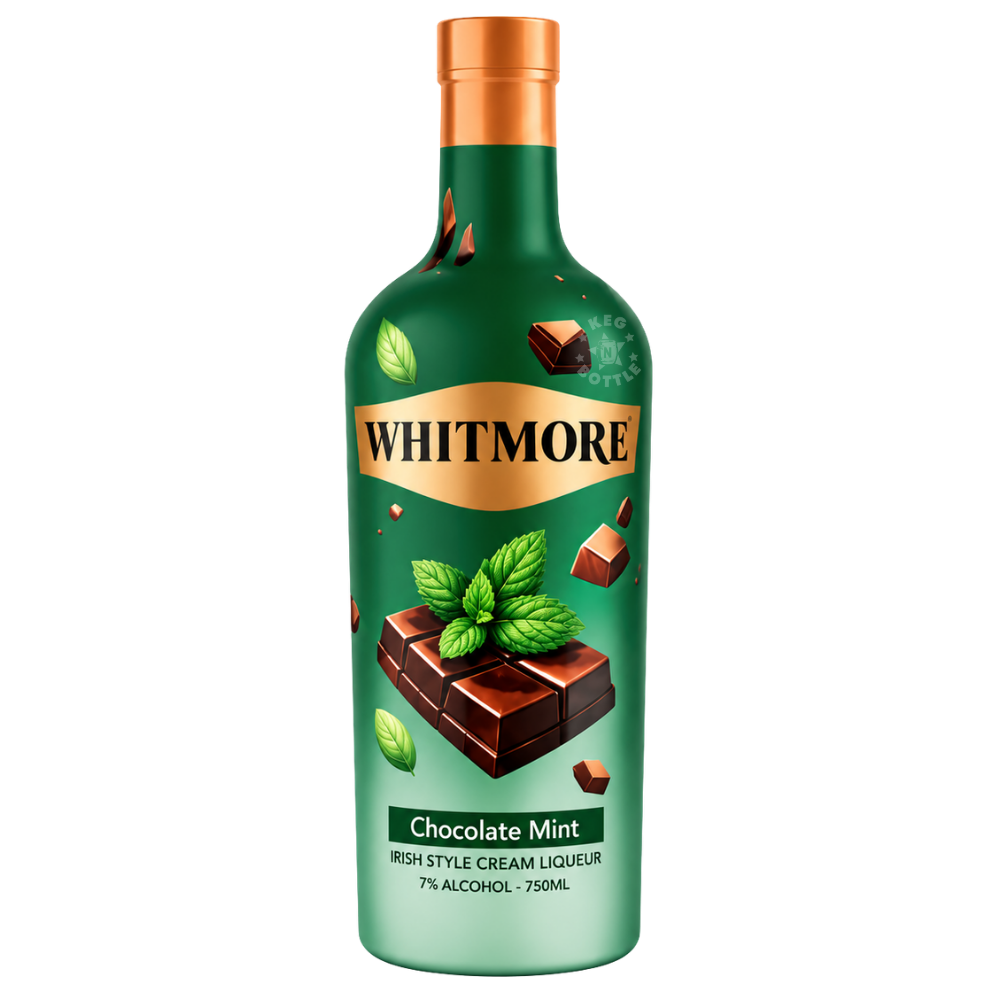 Whitmore Chocolate Mint Irish Style Cream Liqueur 750mL bottle featuring a green bottle design with chocolate and mint imagery.