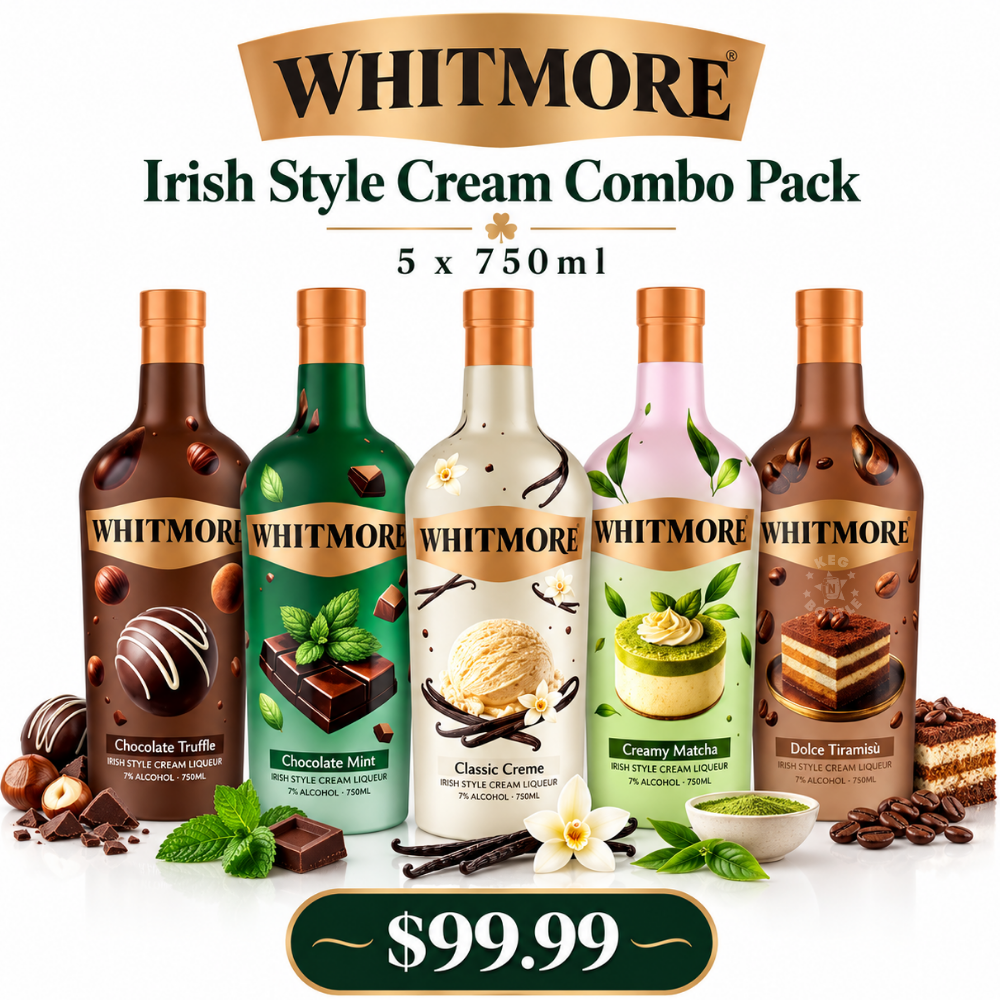 Whitmore Irish Style Cream Liqueur 5-bottle 750mL combo pack featuring Chocolate Mint, Classic Crème, Chocolate Truffle, Creamy Matcha and Dolce Tiramisu. 2