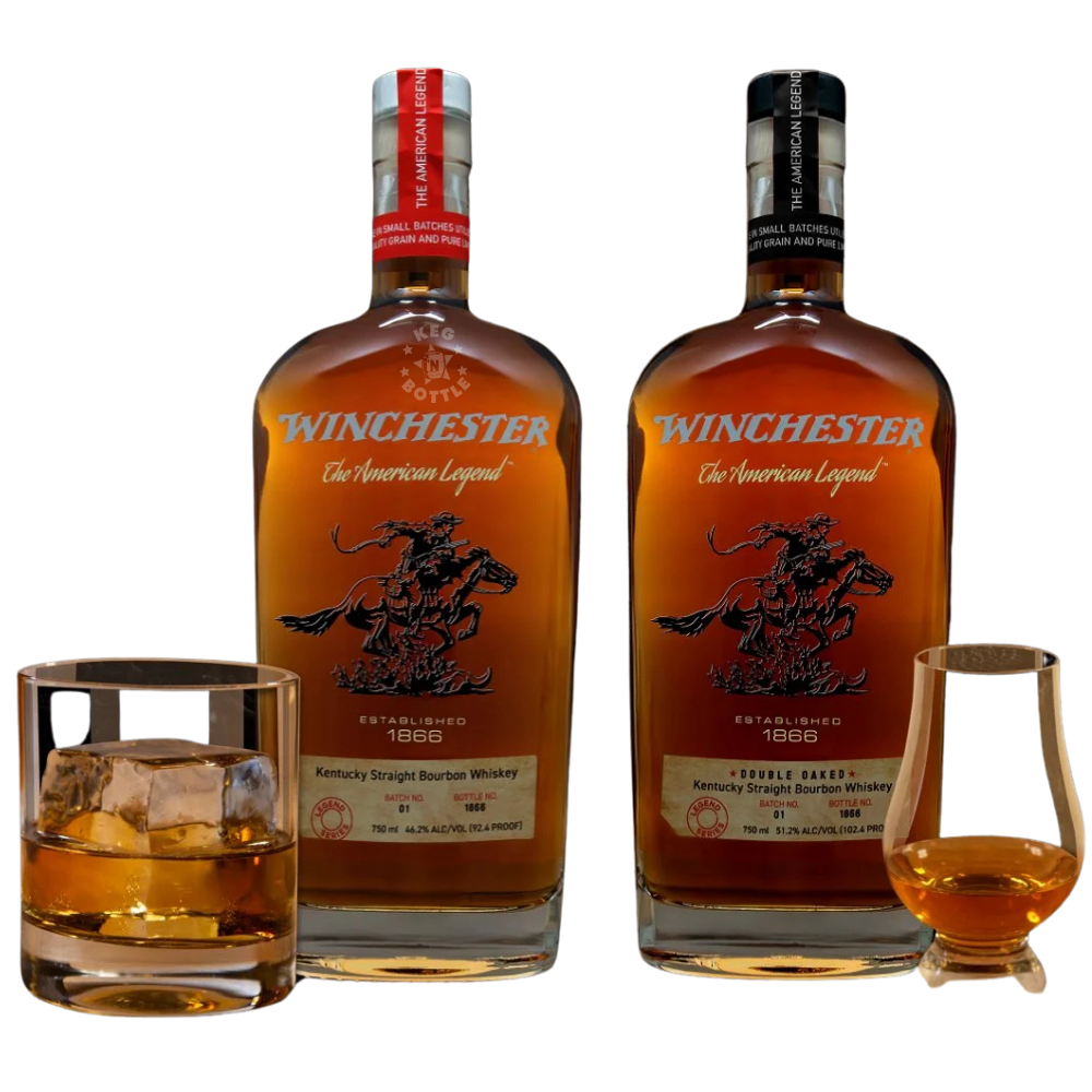 Winchester Legend Series Bourbon Combo featuring Kentucky Straight Bourbon Whiskey and Double Oaked Kentucky Straight Bourbon Whiskey, two 750mL bottles.
