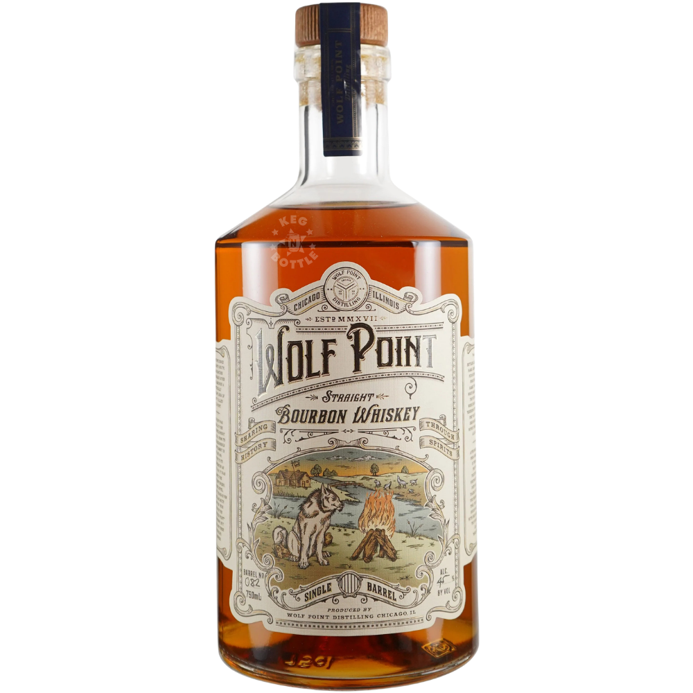 Wolf Point Small Batch Straight Bourbon Whiskey 750mL bottle featuring amber bourbon, a wooden cap, and an illustrated vintage-style Wolf Point label.