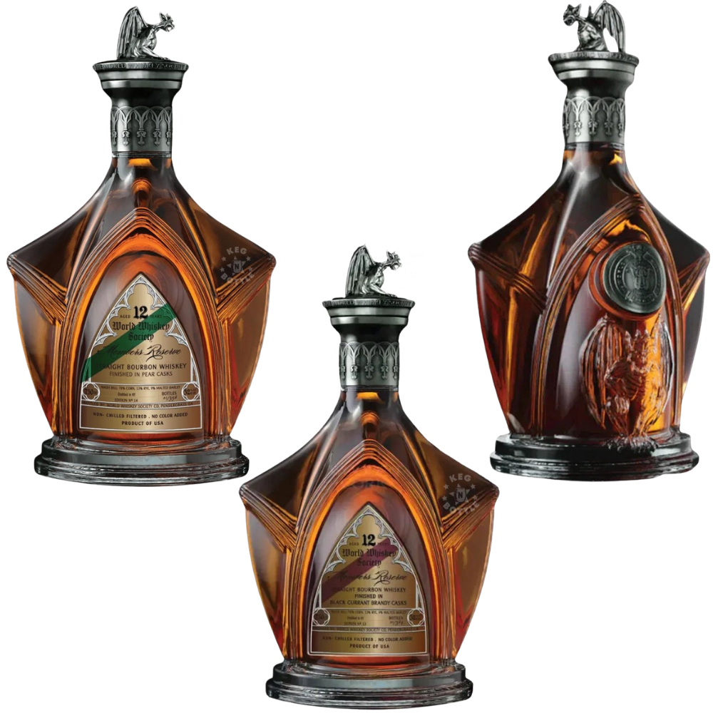 World Whiskey Society 12 year bourbon whiskey bottles with sherry, black currant, and pear cask finishes in collectible decanters