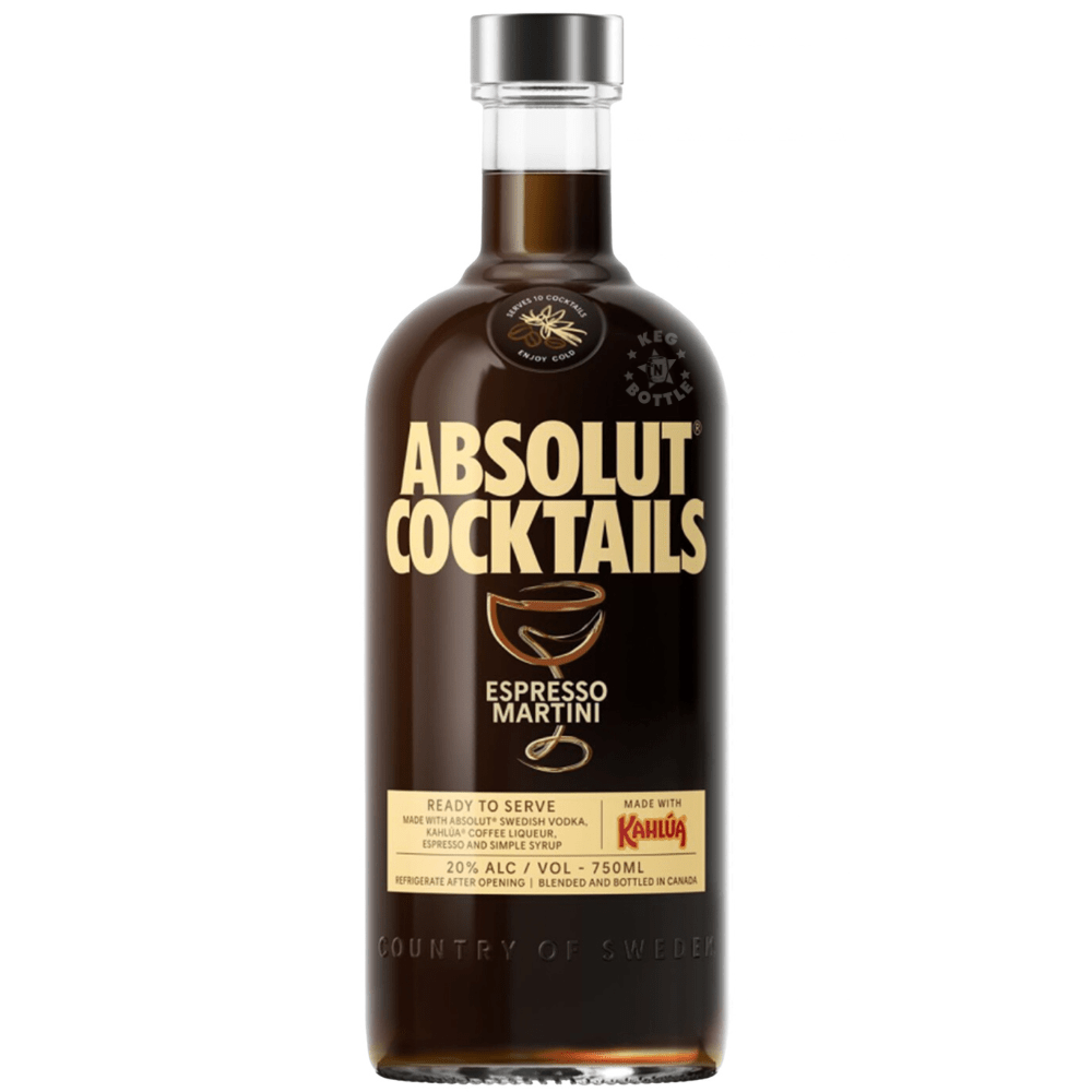 Absolut Espresso Martini Ready-to-Serve Cocktail 750mL bottle with dark coffee-colored liquid, black and gold label, and silver cap.
