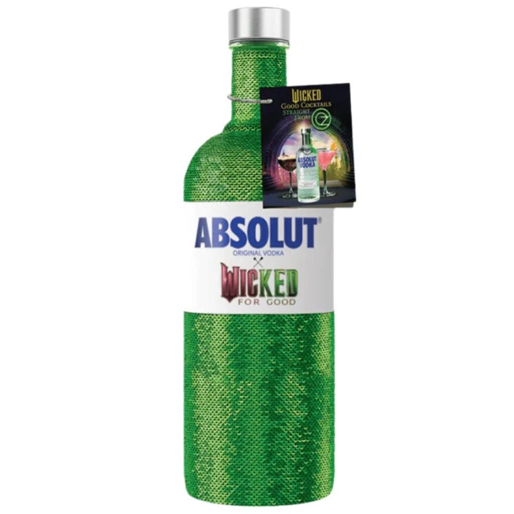 Absolut x WICKED limited-edition vodka bottle in emerald green sleeve, 750 ml.
