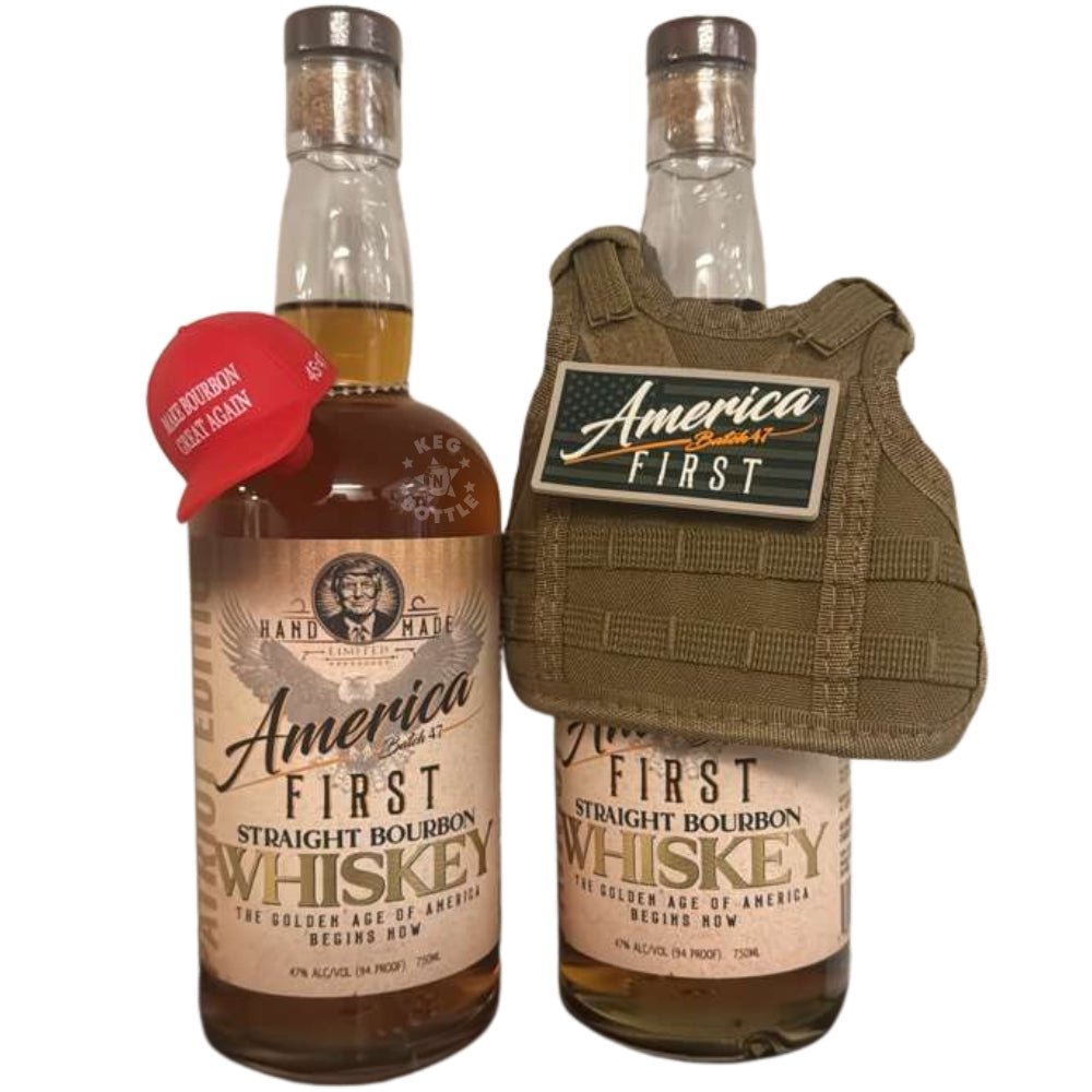 America First Bourbon bottles with vest koozie and hat topper bundle