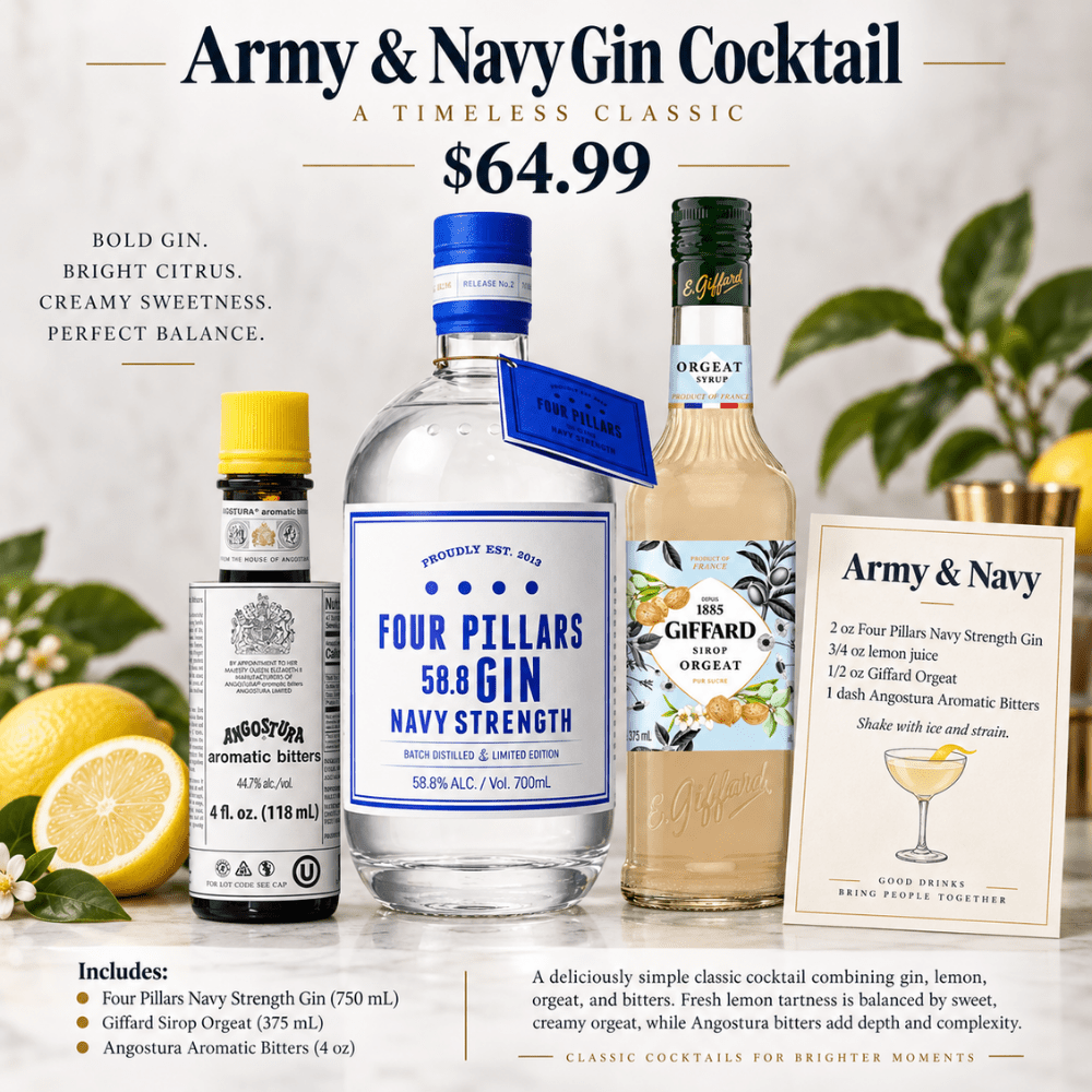 Army & Navy Gin Cocktail Kit with Four Pillars Navy Strength Gin 750mL, Giffard Sirop Orgeat 375mL, and Angostura Aromatic Bitters 4 oz. Recipe Card