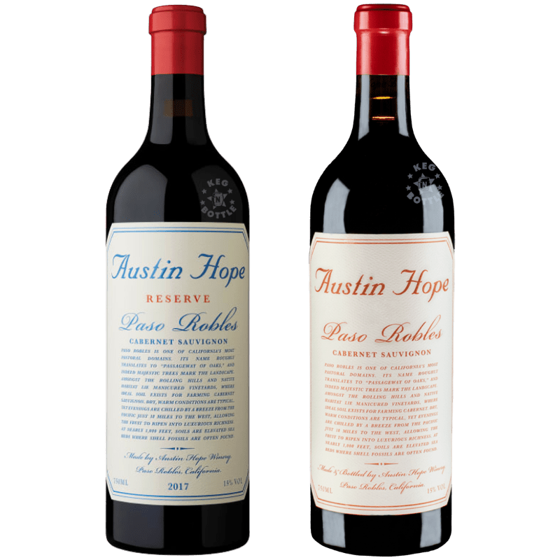 Austin Hope Cabernet Sauvignon Collection Combo Pack featuring Austin Hope Cabernet Sauvignon 750ml and Austin Hope Reserve Paso Robles Cabernet Sauvignon 750mL bottles.
