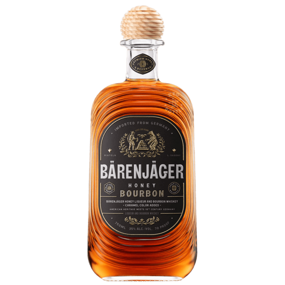 Barenjager Honey Bourbon Liqueur bottle with honeycomb-style stopper 750ml