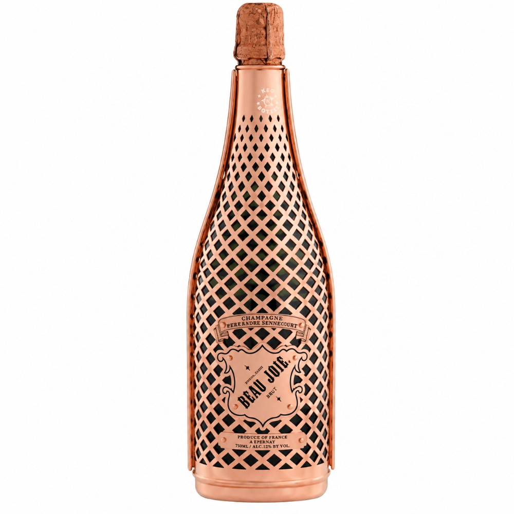 Beau Joie Brut Champagne Special Cuvée No Sugar Added 750mL bottle featuring distinctive rose gold-colored protective metal armor with an elegant lattice design and signature Beau Joie label on a white background.