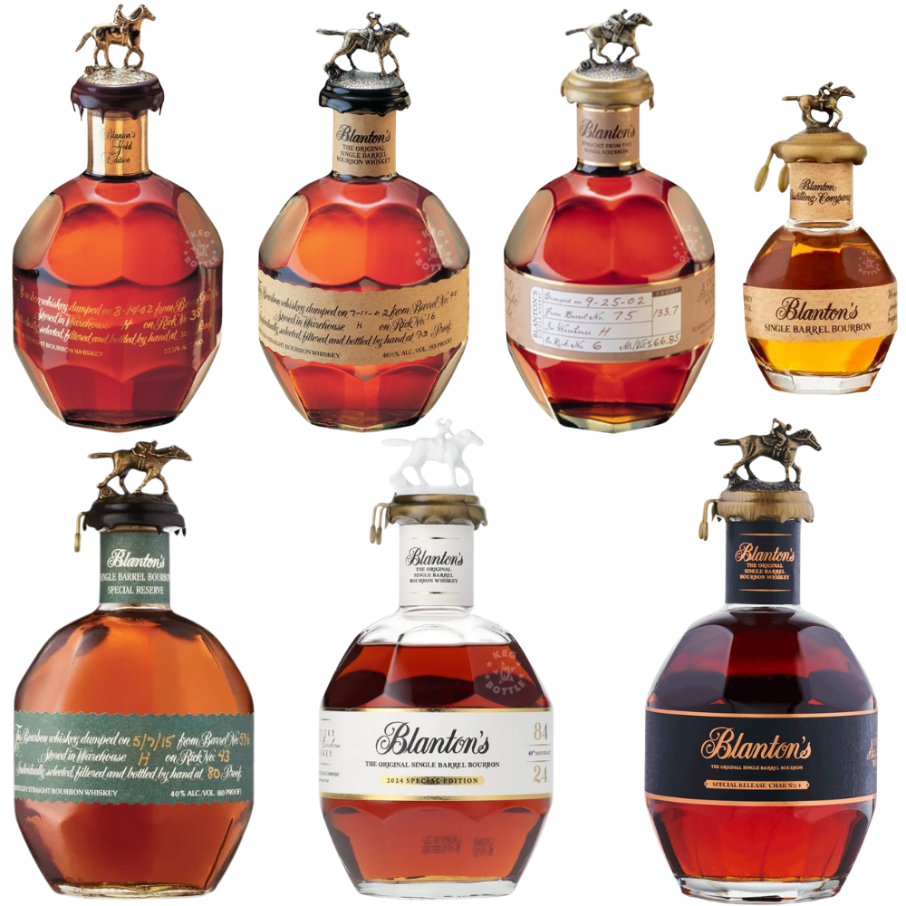 Blanton’s bourbon bundle featuring gold, original, straight from the barrel, green label, 40th anniversary, char no 4 and miniature bottles with horse stoppers