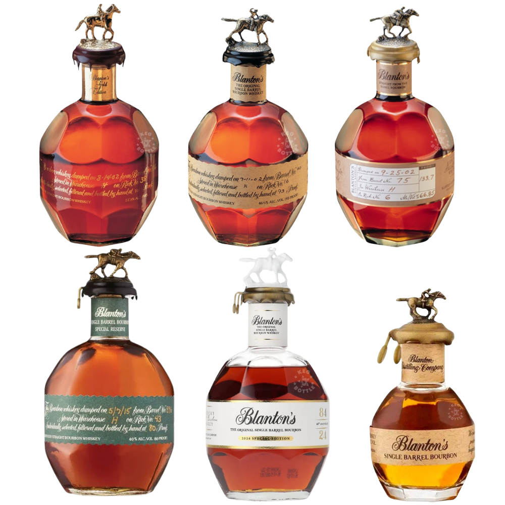 Blanton’s bourbon bundle featuring gold, original, straight from the barrel, green label, 40th anniversary bottles and miniature with horse stoppers