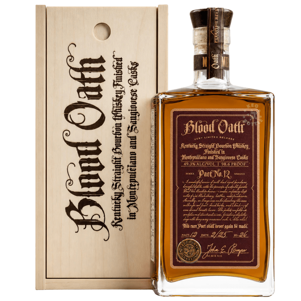 Bottle of Blood Oath Pact No. 12 Kentucky Straight Bourbon Whiskey finished in Montepulciano wine casks with dark red label and premium glass bottle