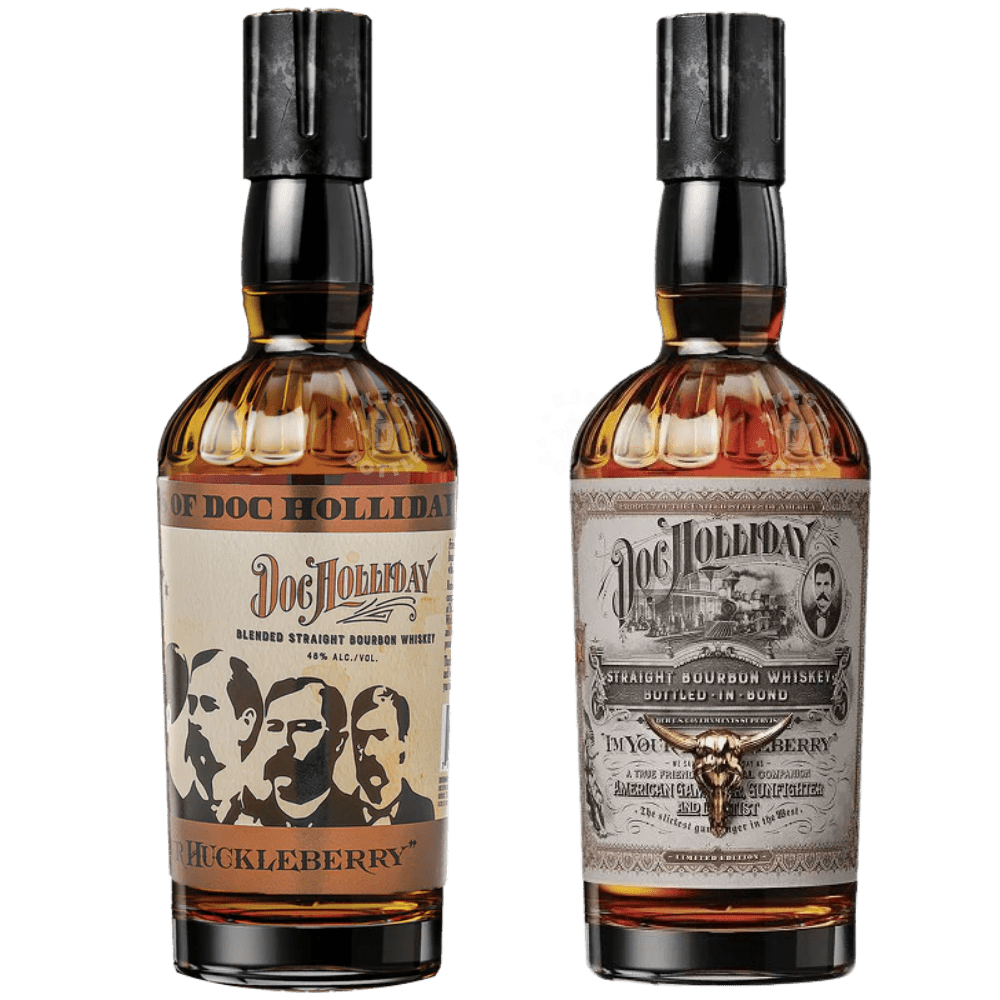 Doc Holliday Bottled in Bond bourbon and Huckleberry blended bourbon whiskey bottles with vintage western labels