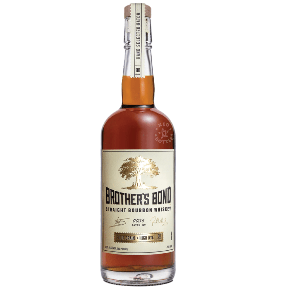 Brother's Bond Four Grain High Rye Straight Bourbon Whiskey Batch 0037 750mL bottle, bottled at 40% ABV and 80 proof.