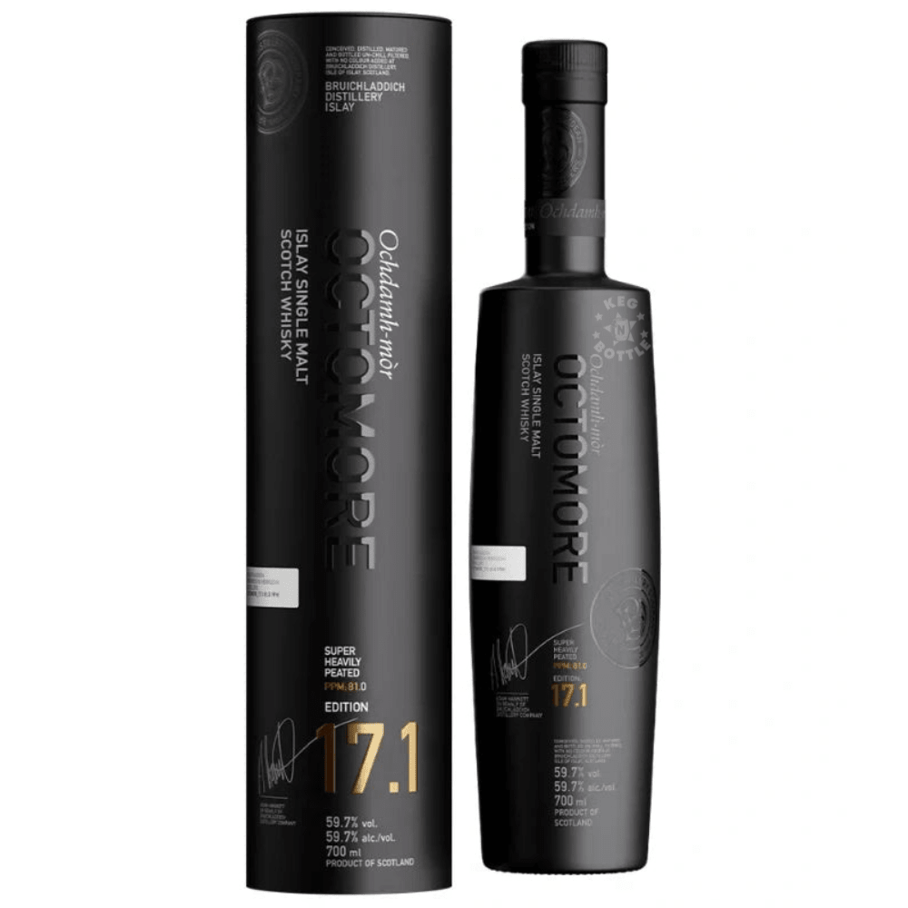 Bruichladdich Octomore Edition 17.1 super heavily peated Islay Single Malt Scotch Whisky 700mL bottle with presentation tube.