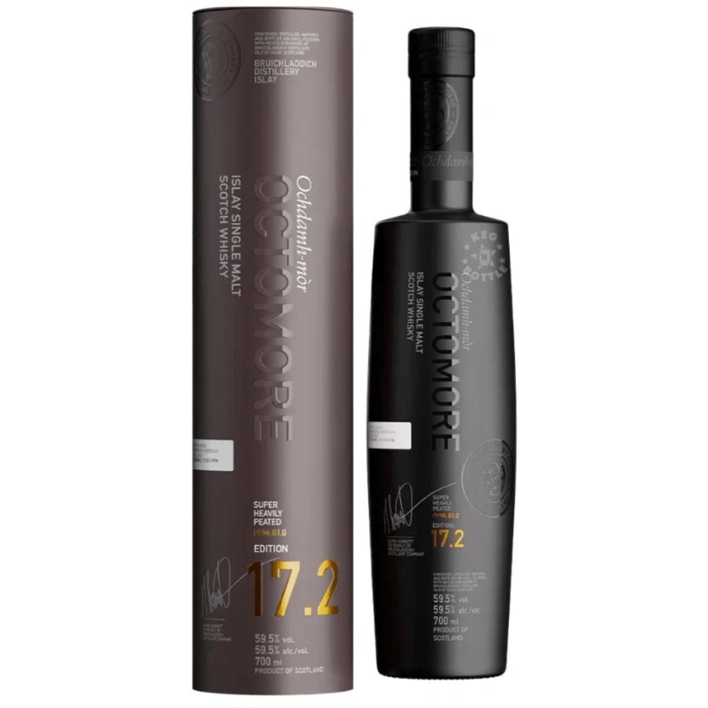 Bruichladdich Octomore Edition 17.2 super heavily peated Islay Single Malt Scotch Whisky 700mL bottle with presentation tube.