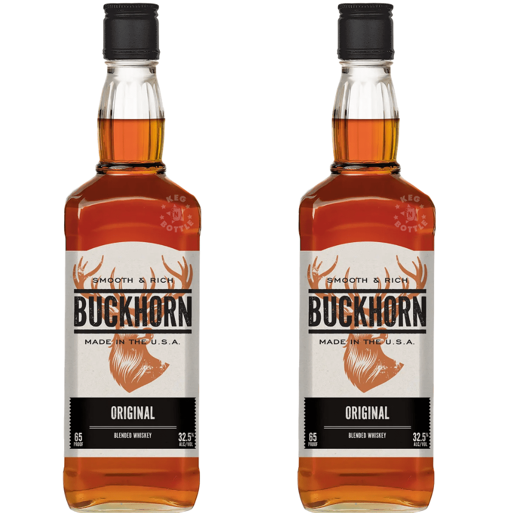 Buckhorn Original Whiskey 2-Pack featuring two 750mL bottles of amber-colored American whiskey with the signature Buckhorn deer logo and black Original label.