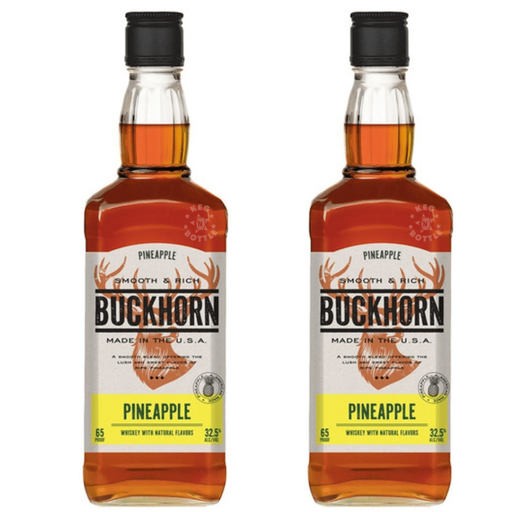 Buckhorn Pineapple Flavored Whiskey 2-Pack featuring two 750mL bottles of pineapple whiskey with a golden amber color and bright yellow pineapple label.