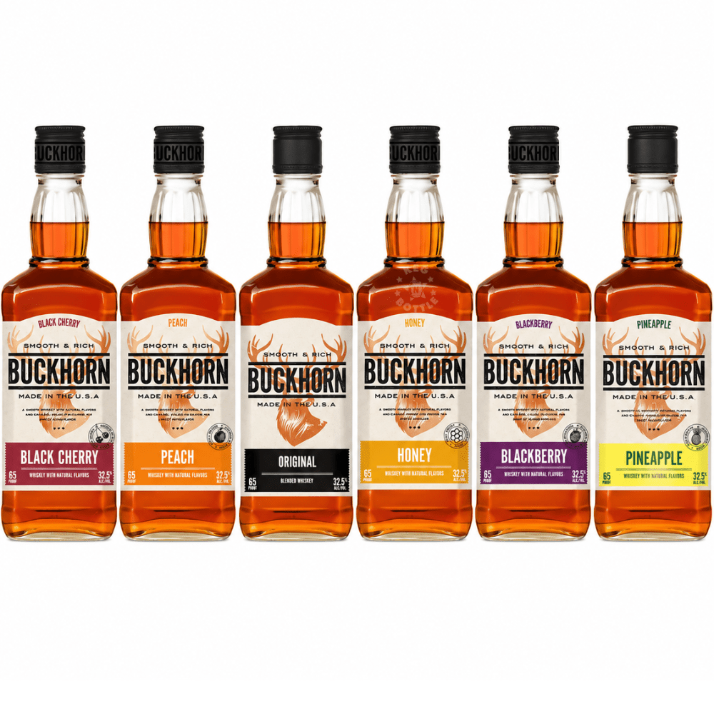 Buckhorn Whiskey Collection 6-Bottle Bundle featuring six 750mL bottles of Buckhorn Black Cherry, Peach, Original, Honey, Blackberry, and Pineapple American Whiskey displayed together on a white background.