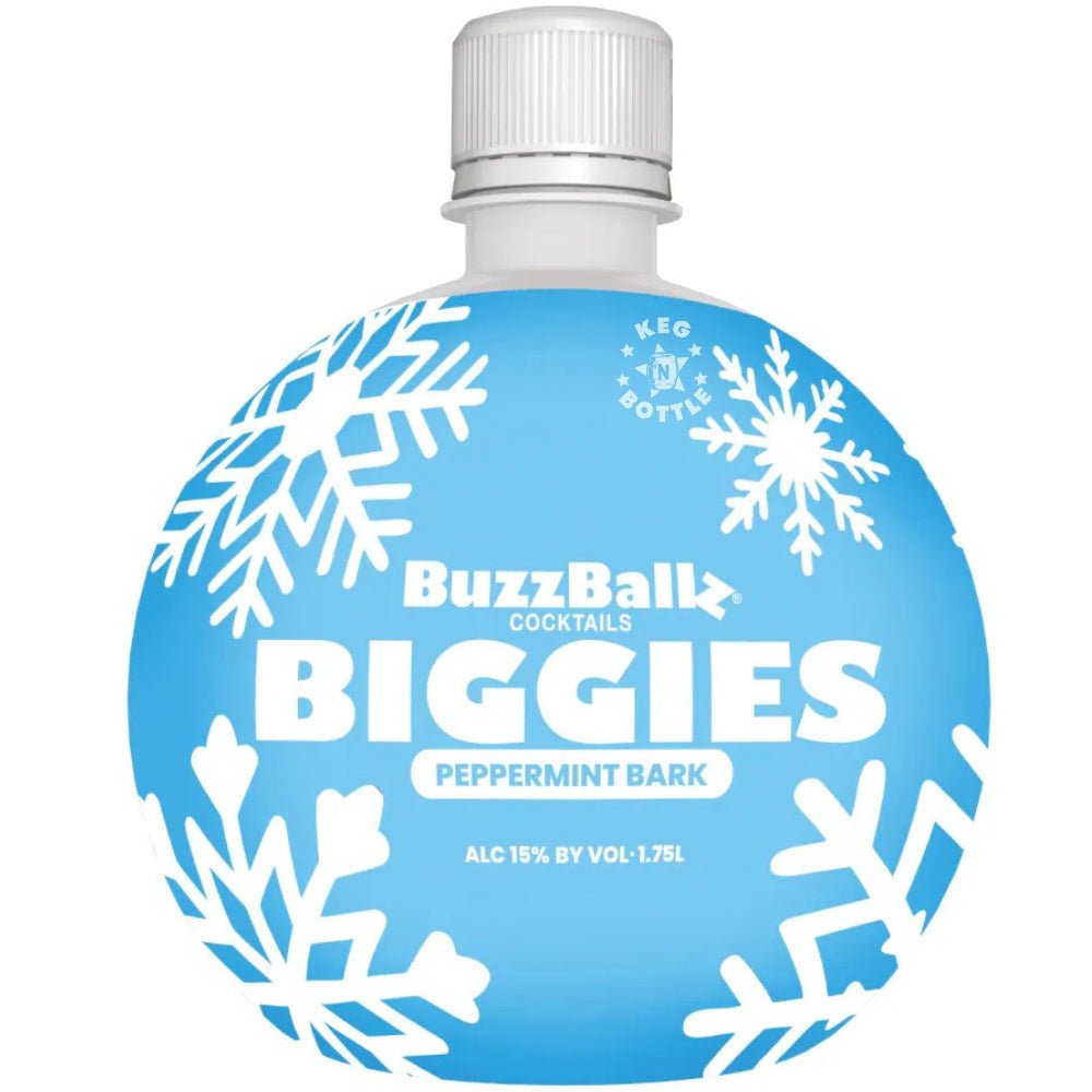 BuzzBallz Biggies Peppermint Bark 1.75L blue holiday-themed cocktail bottle