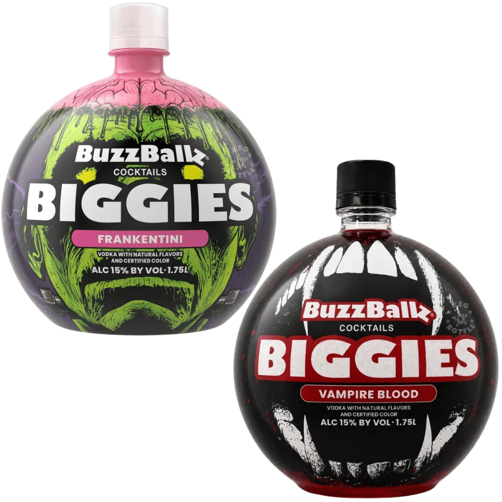 BuzzBallz Biggies Halloween Frankentini and Vampire Blood cocktail combo pack with two 1.75L ready-to-drink vodka cocktails.