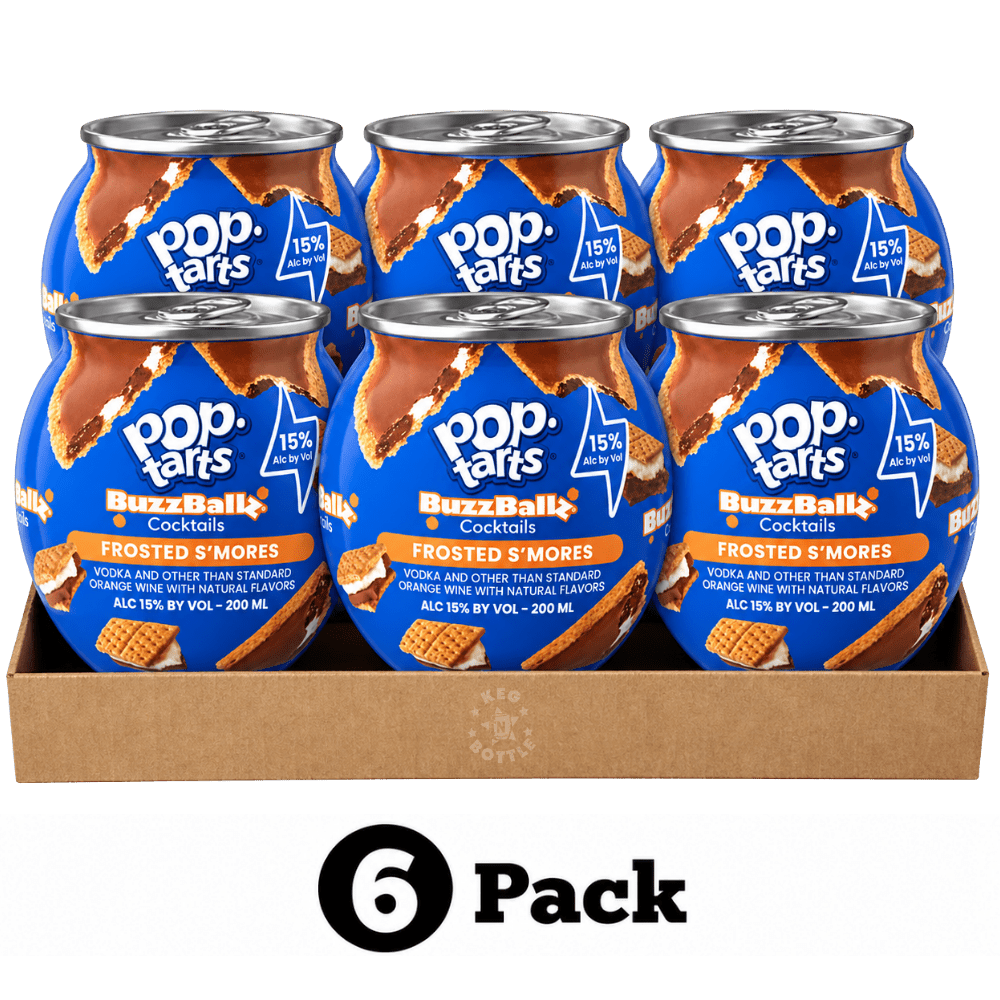 BuzzBallz Pop-Tarts Frosted S’Mores Cocktails 6-Pack with six 200mL ready-to-drink cocktails at 15% ABV.