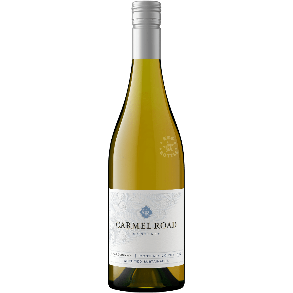 Bottle of Carmel Road Monterey Chardonnay California white wine with elegant silver and white label